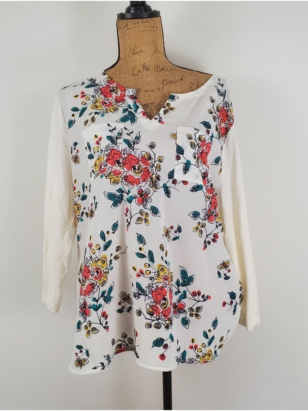 Van Heusen White Floral V-Neck Long Sleeve Top Women's XL Sheer